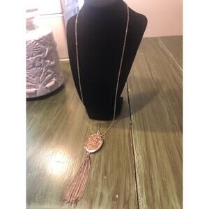 Chico's Vintage EUC Long Pendant Necklace Gold Tone Etched Oval with Tassel